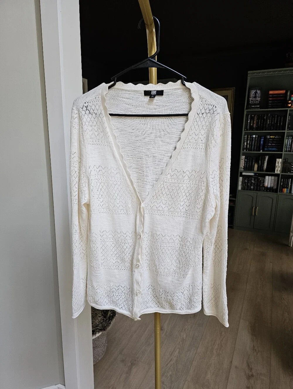 Frye Ivory Pointelle Cotton Cardigan Sweater Scalloped Hem Button Up XL